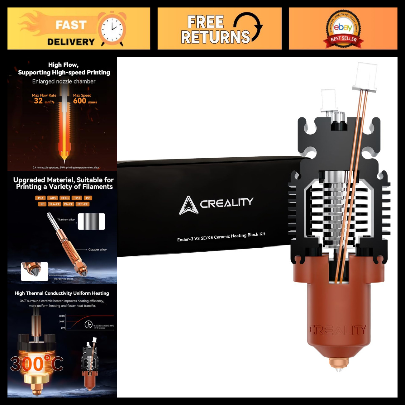 3D Printer Hotend Upgrade Kit, Ceramic Heating Block, Quick-Swap Nozzle, 300°C,