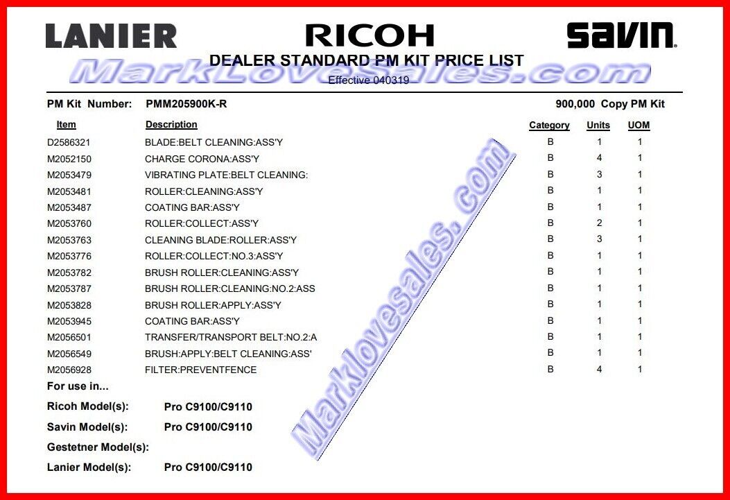 Ricoh Pro C9100 C9110 PMM205900K - R  Maintenance Kit 900,000 Page Yield Genuine