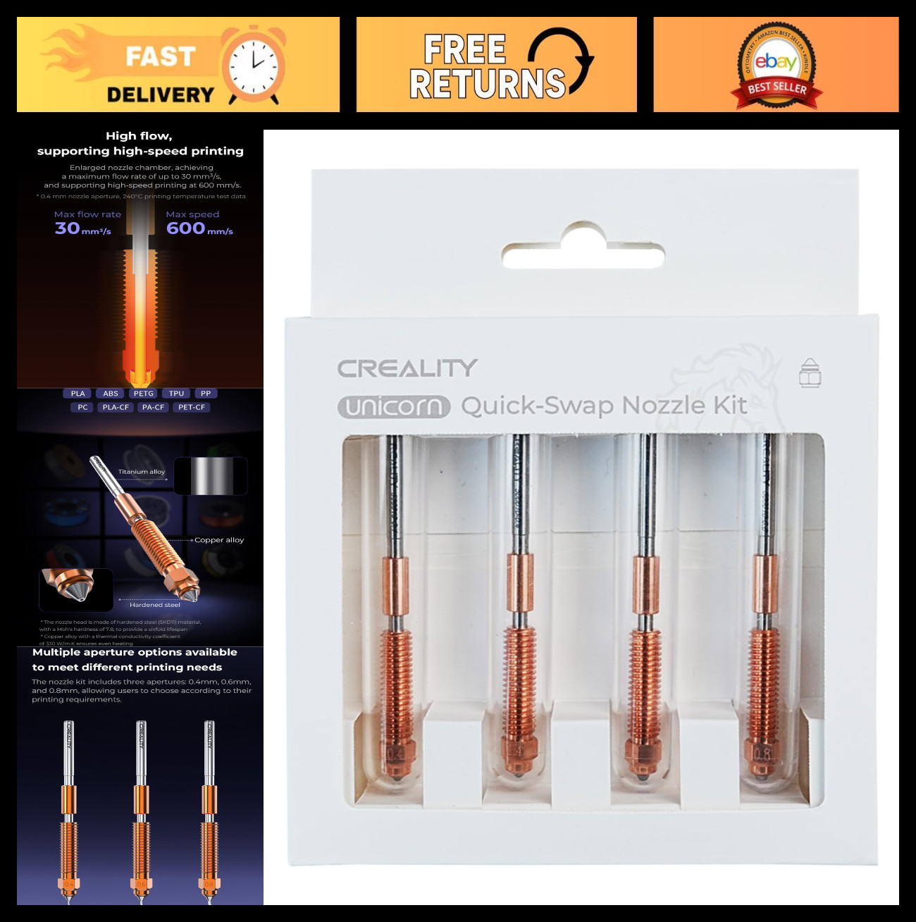 4 PCS Quick-Swap Nozzle Kit for 3D Printers, High-Speed Tri-Metal Steel & Copper
