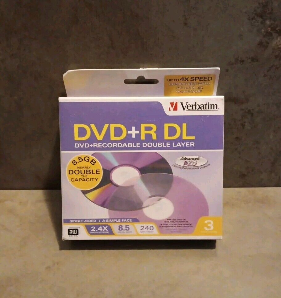 Verbatim 8.5 GB 2.4X DVD+R DL Recordable Double Layer Disc 3 Pack 240 Min NEW