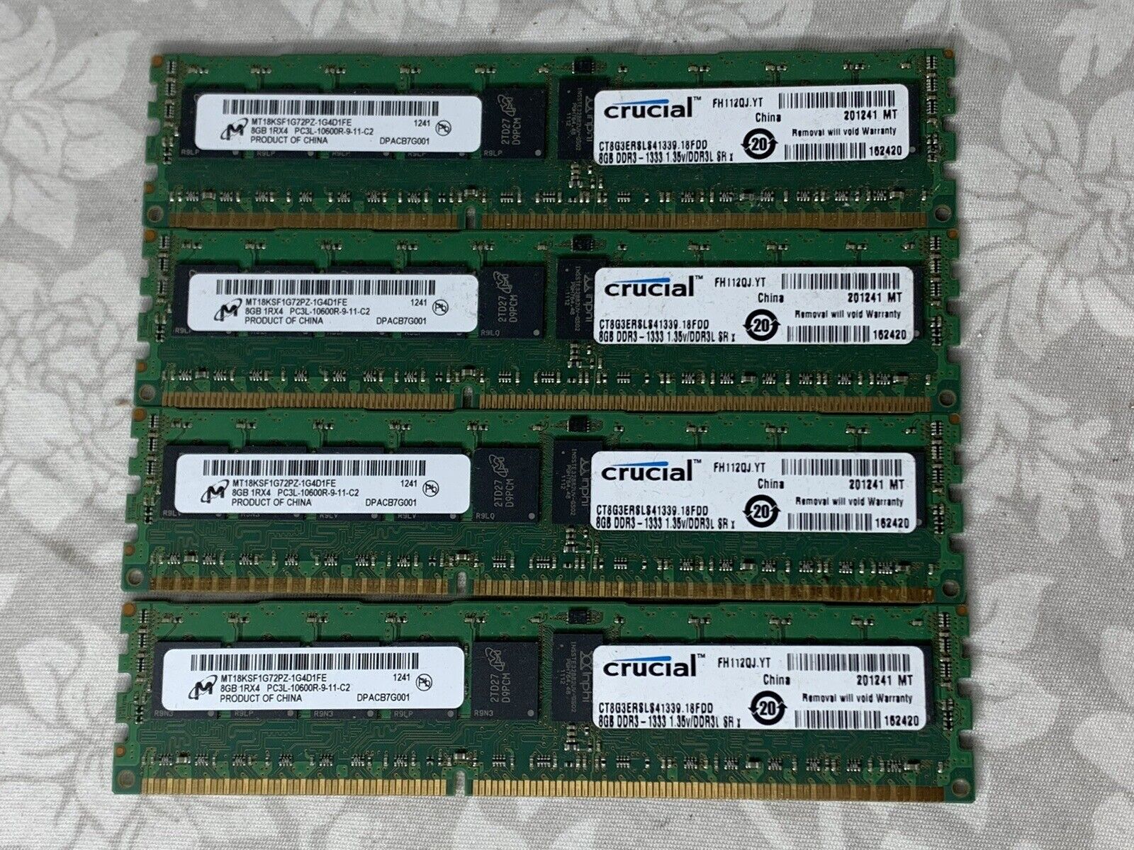 Micron Crucial 4 pack 32GB Kit (4x8GB) DDR3 1Rx4 RDIMM MT18KSF1G72PZ MAC (C3)