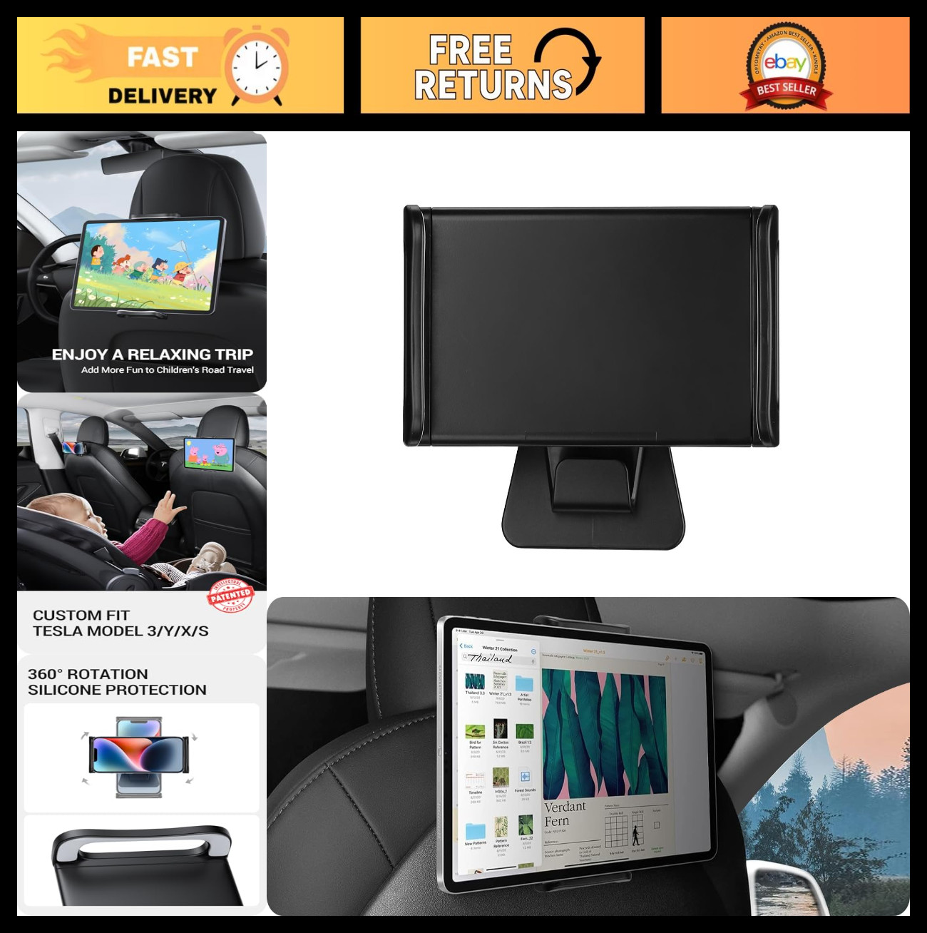 2026 Tesla Model Y/3/S/X Headrest Tablet Holder - 360° Adjustable Car Mount Stan