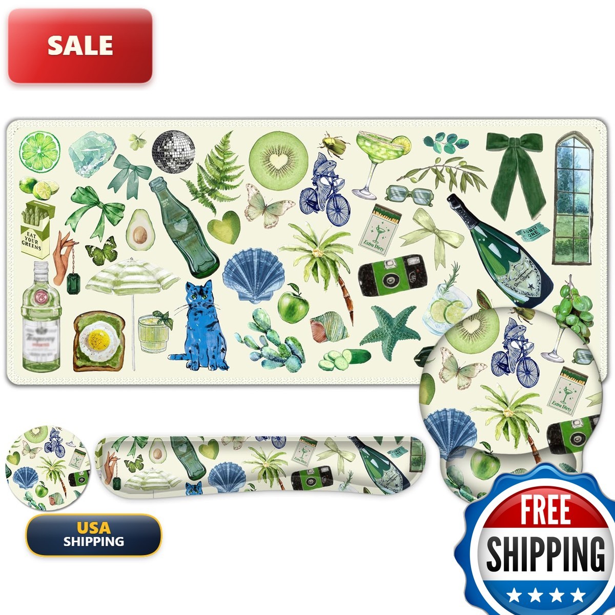 NXZGO 4 in1 Desk Mat Mouse Pad with Wrist Support - Green Theme Stickers