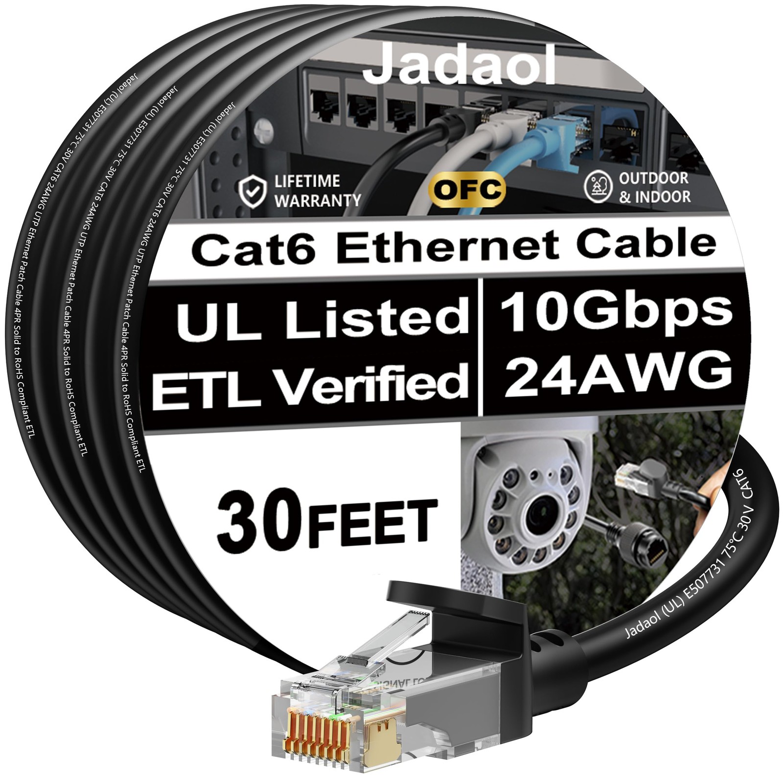UL Listed Snagless Cat6 Ethernet Cable 30 ft 10Gbps, PoE++, Black