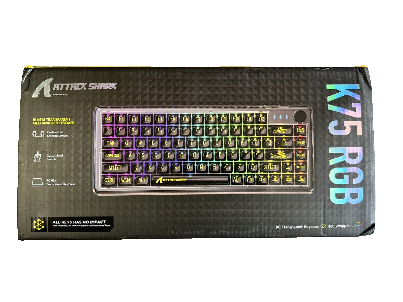 ATTACK SHARK K75 Mechanical Keyboard, Transparent Keycaps, Custom RGB Gaming