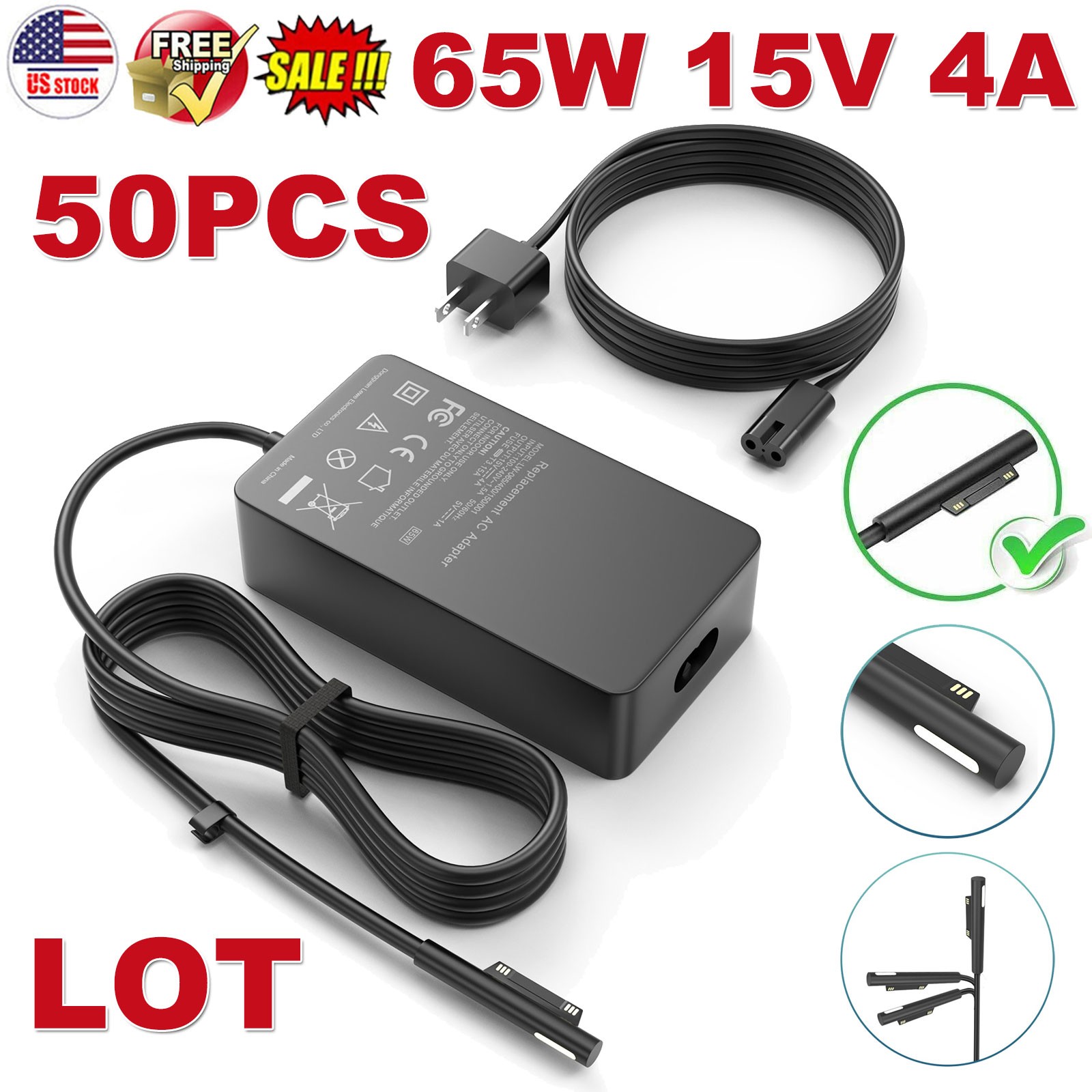 LOT OF 50PCS 65W Charger Model 1706 For Microsoft Surface Book Pro 3 4 5 6 7 Go