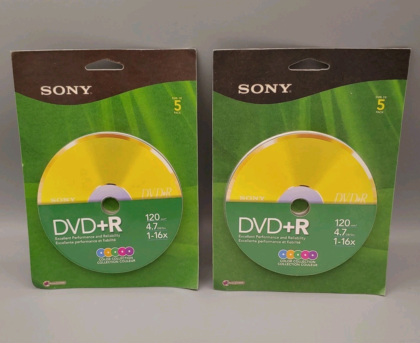 Sony DVD+R 5 pack 120 minutes 1x-16x Speed Color Discs Green Pack Lot Of 2 NEW
