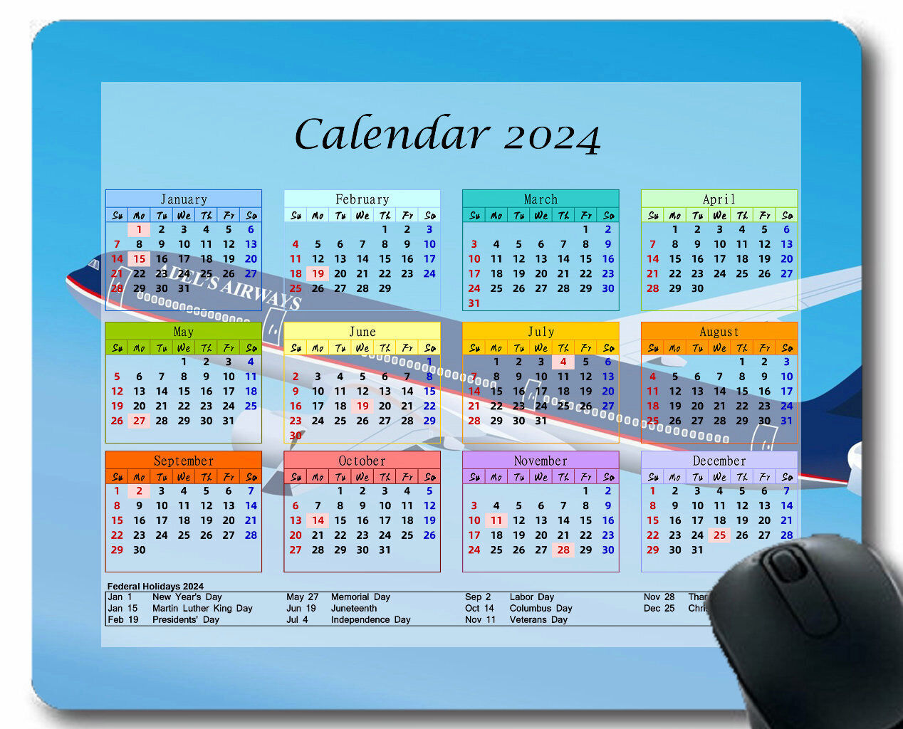 Mouse Pad 2024 Year Calendar With Holiday White Mo 