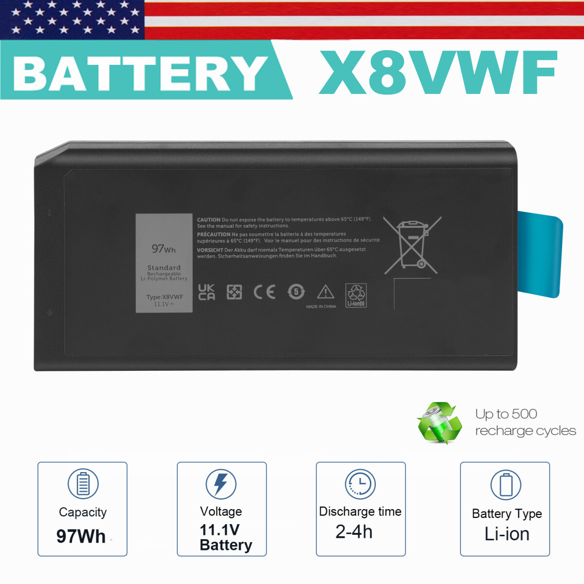 X8VWF Laptop Battery For Dell Latitude 14 Rugged 5404 5414 E5404 7404 7414 97Wh