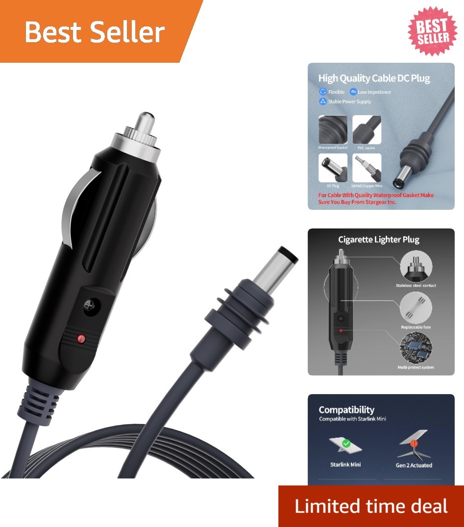 10FT Starlink Mini DC Charger - Versatile Cigarette Lighter Adapter for Vehicles