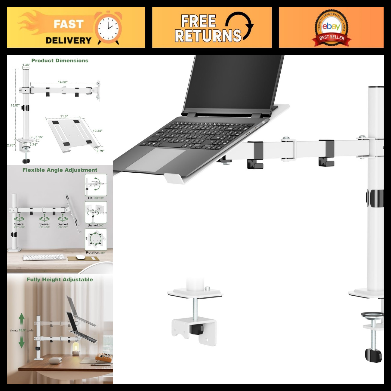 Adjustable White Laptop Desk Mount with Vented Tray for Notebooks up to 17