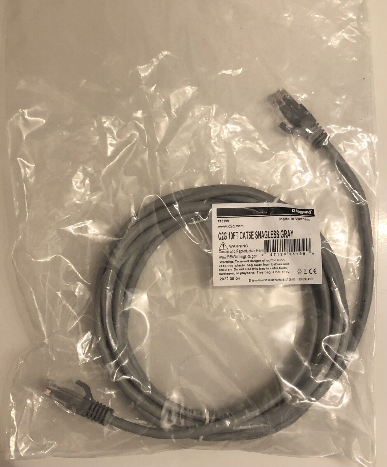 NEW - Cables To Go #15199 10ft Cat5e Snagless Patch Cable Grey Legrand 15199