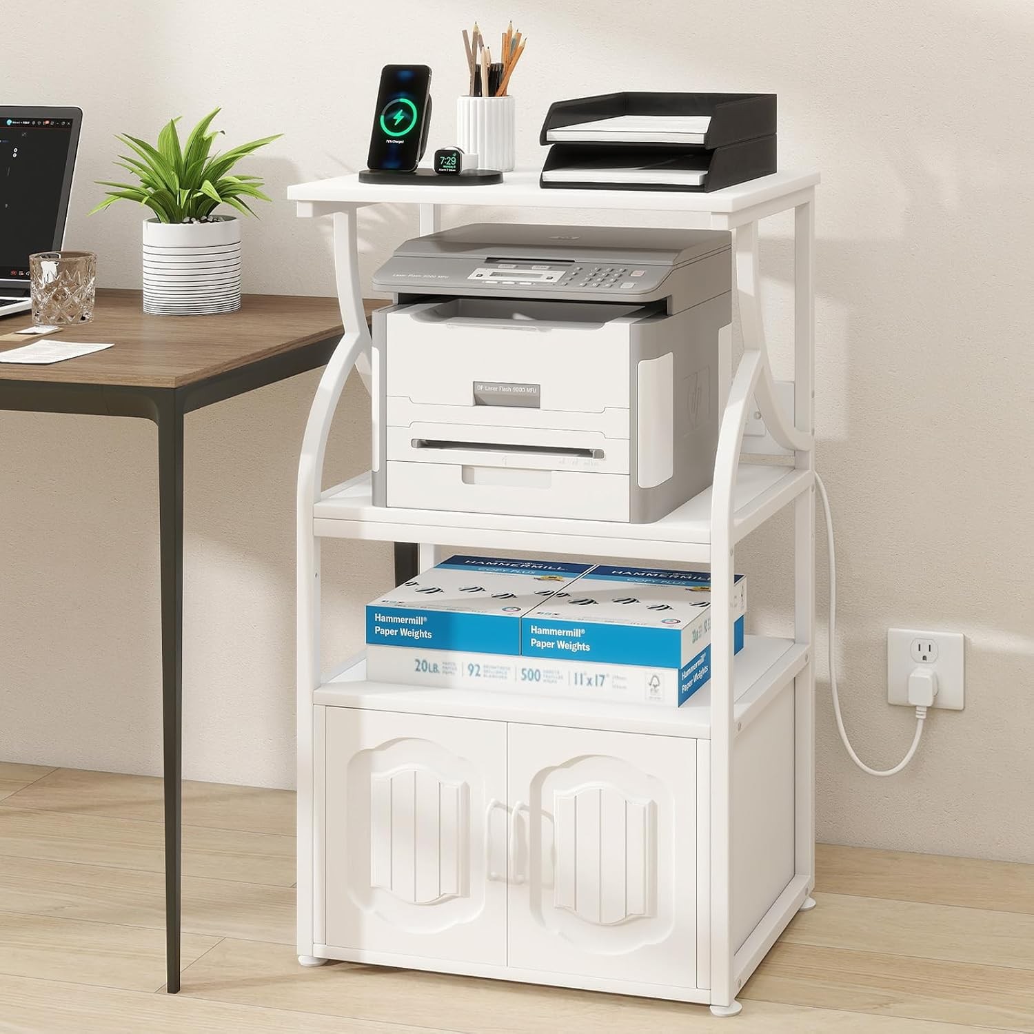 4 -Tier Rolling Printer Stand W/ Power Outlet,23.6"x15.8",White