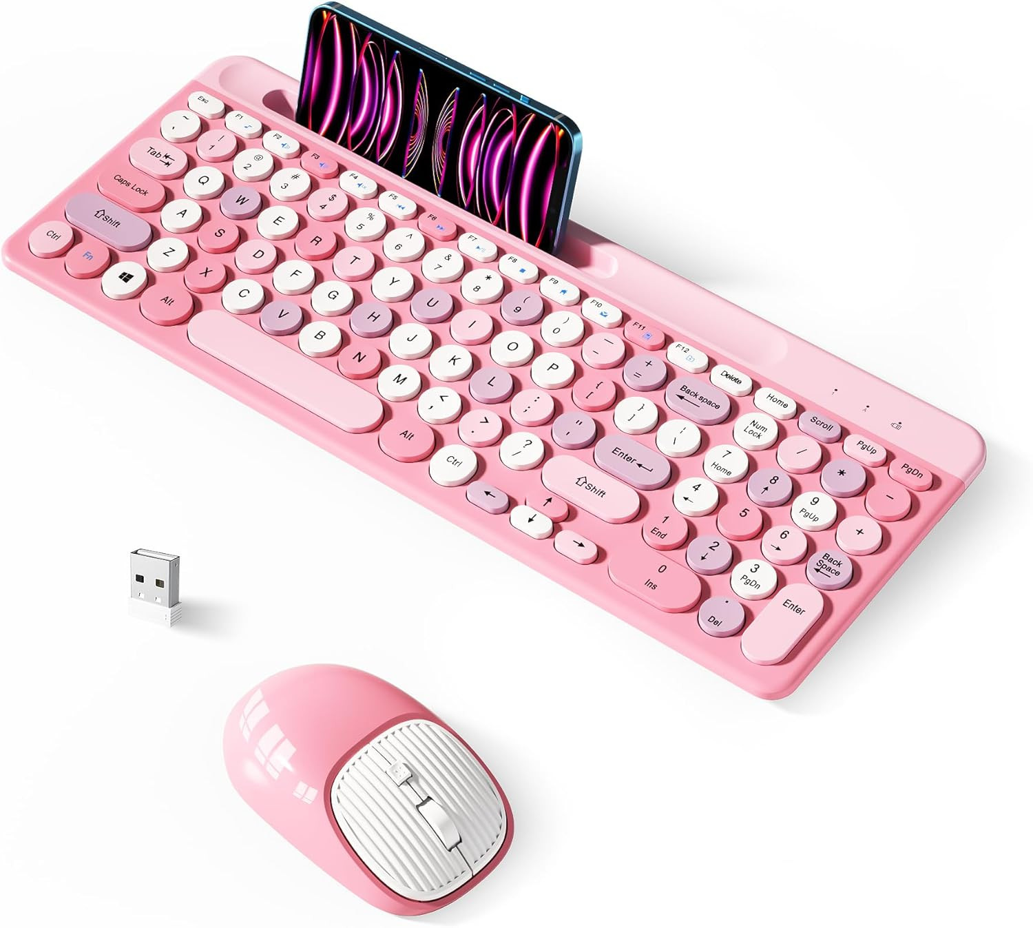 Retro Wireless Keyboard Mouse Combo 2.4GHz Full-Size Round Keycaps Silent Pink