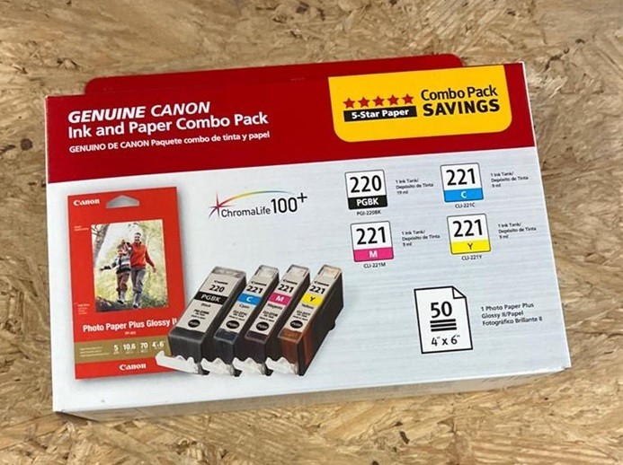 Canon Genuine PGI-220BK/CLI-221 Black Cyan Magenta Yellow Ink/Paper Combo New