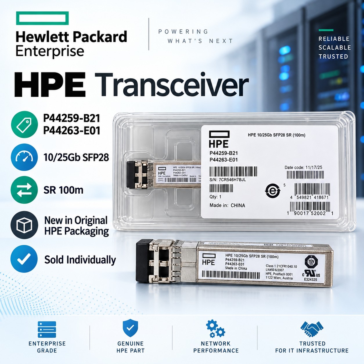 HPE P44259-B21 10/25Gb SFP28 SR 100m Transceiver P44263-E01 New