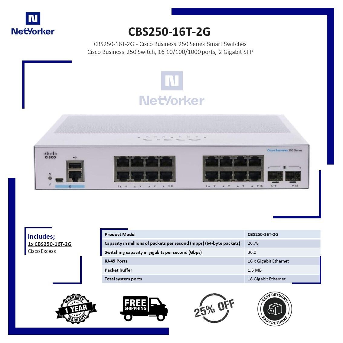 Cisco Business 250 Series CBS250-16T-2G 16 Port PoE Gigabit Ethernet Switch
