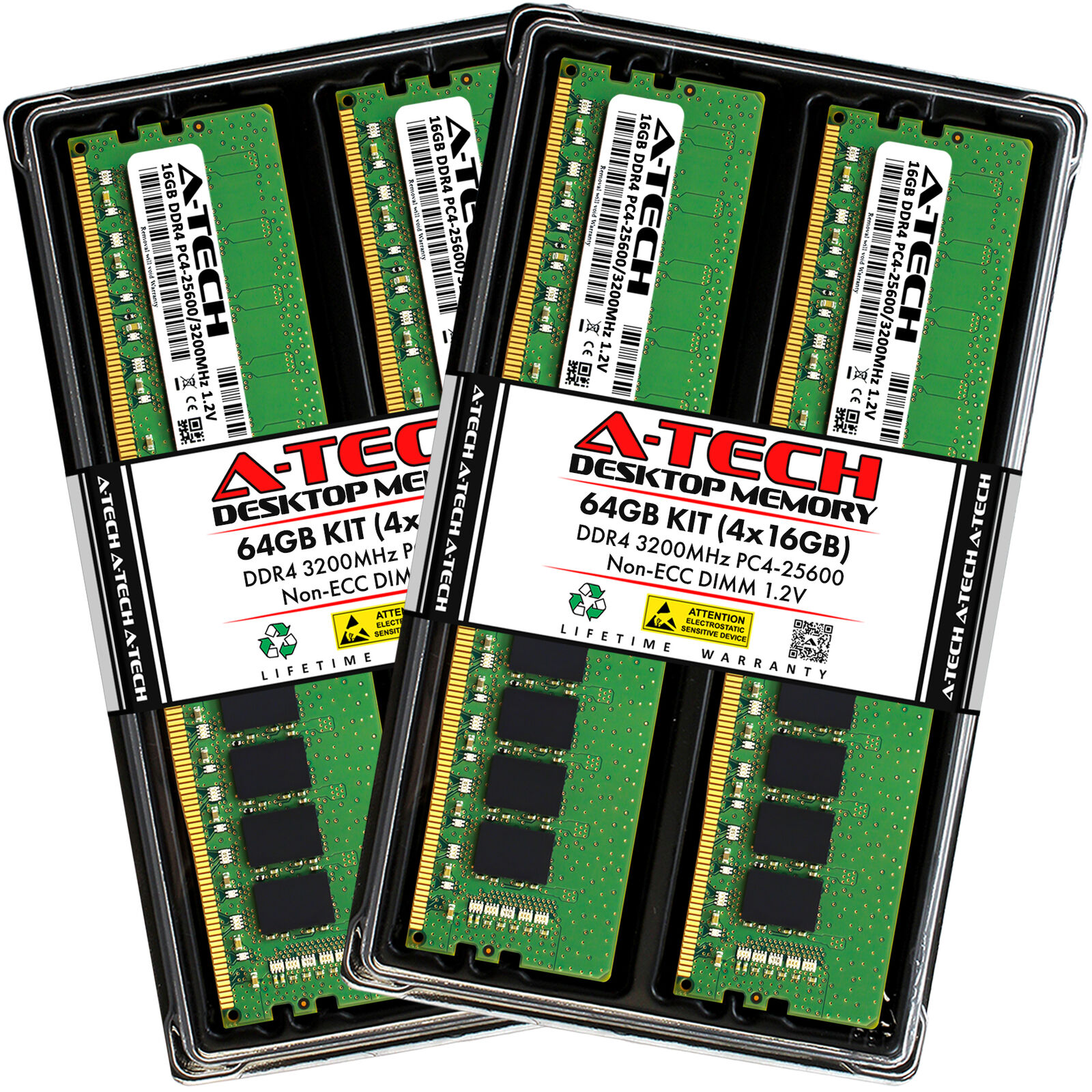 A-Tech 64GB 4x 16GB PC4-25600 Desktop DIMM DDR4 3200 MHz Non-ECC Memory RAM 64G