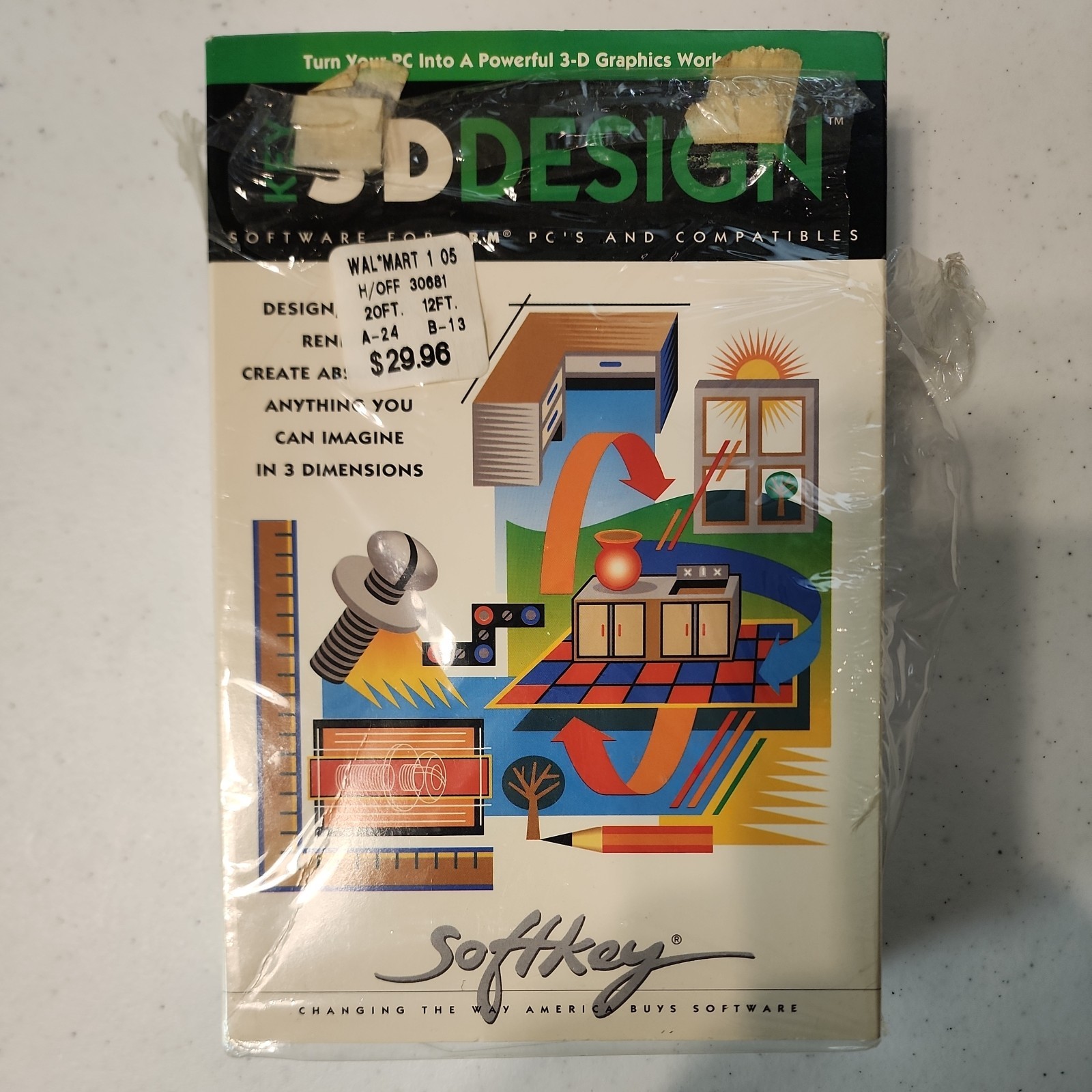 VINTAGE Key 3D Design Softkey v1.0 IBM PC 90s 3-D 3dDesign BIG BOX COLLECTIBLE