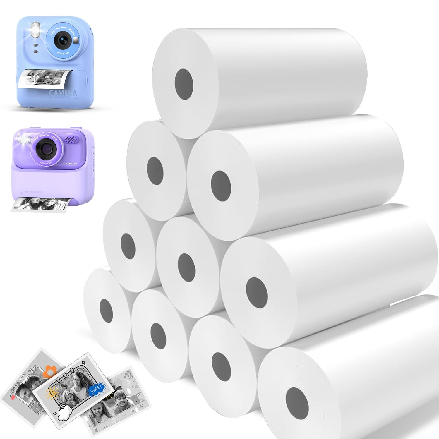 10 Rolls Kids Camera Instant Print Paper - BPA-Free Thermal Paper for Most Ch...