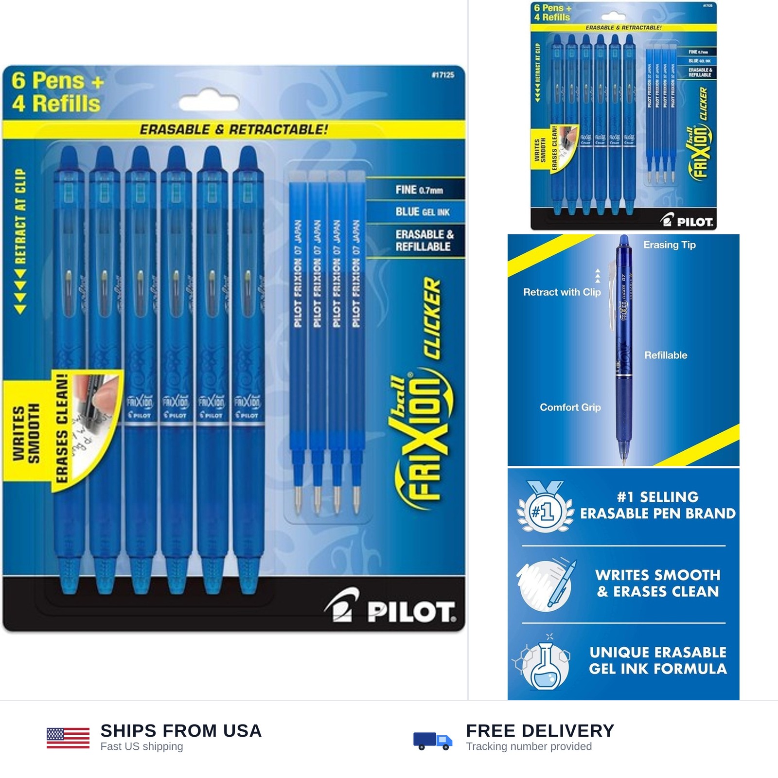 PILOT FriXion Clicker Erasable Pens, 0.7mm Fine Point, Black Ink | Refillable...