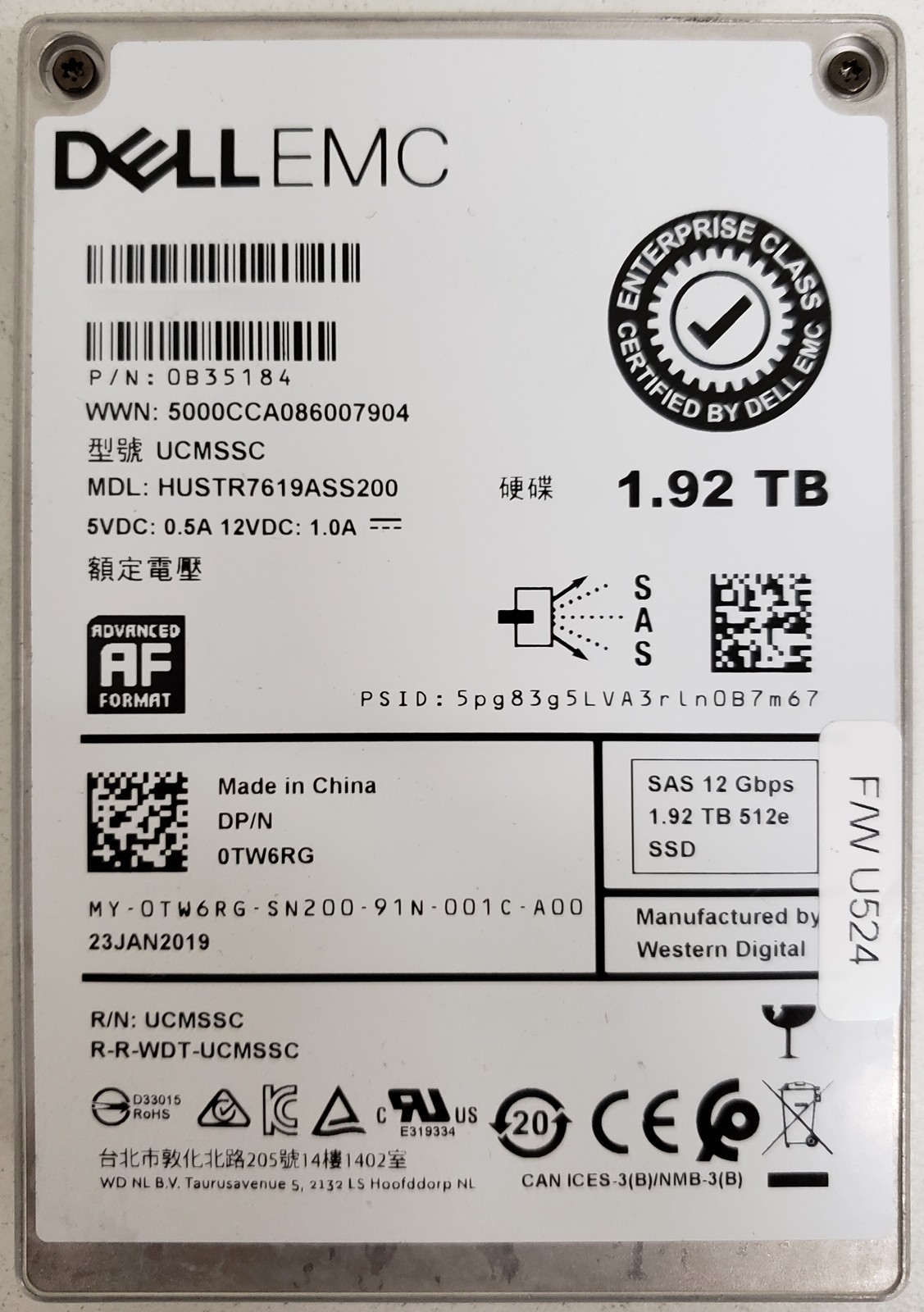 Dell EMC HUSTR7619ASS200 1.92TB 12Gb/s SAS 2.5in RI Enterprise SSD P/N: 0B35184.
