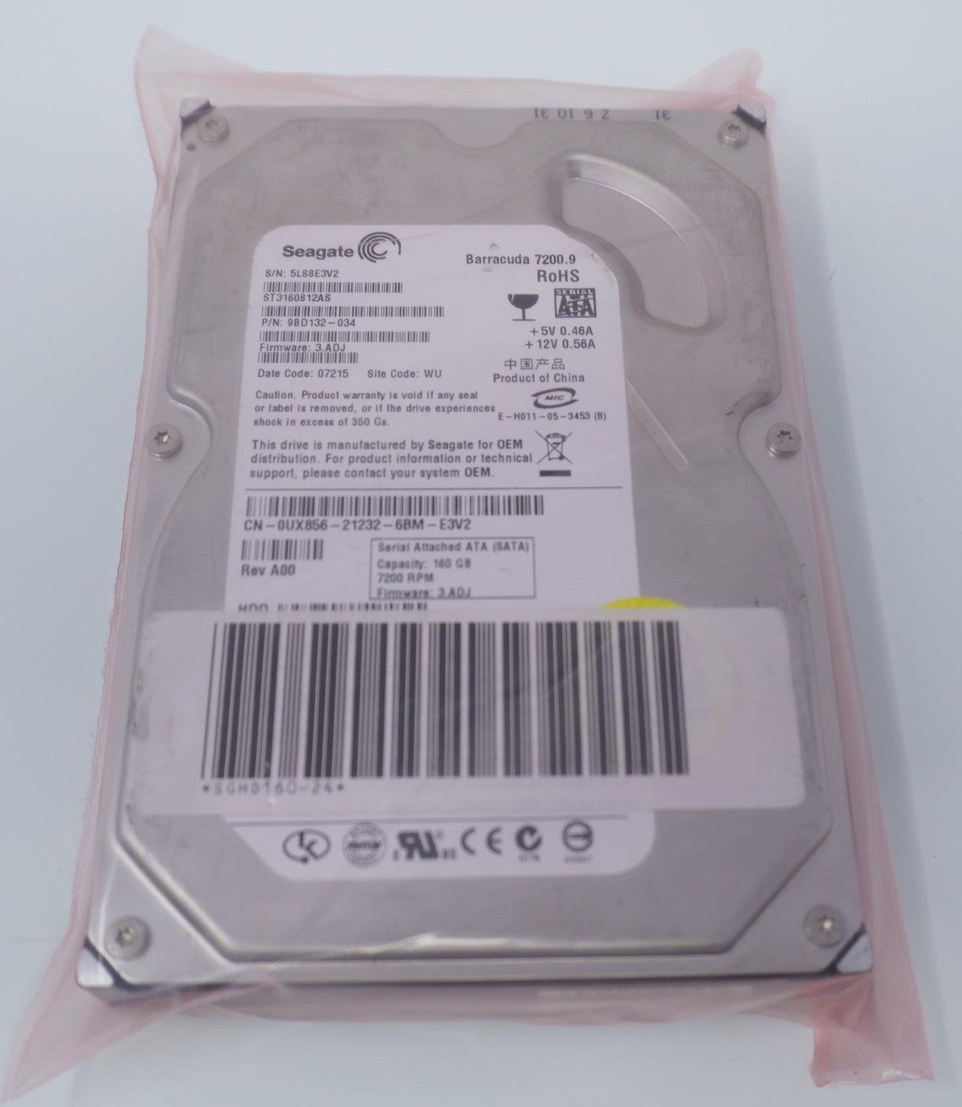 Seagate BARRACUDA 7200.9 ST3160812AS 160GB 7.2K RPM 3Gbps 3.5" SATA Hard Drive