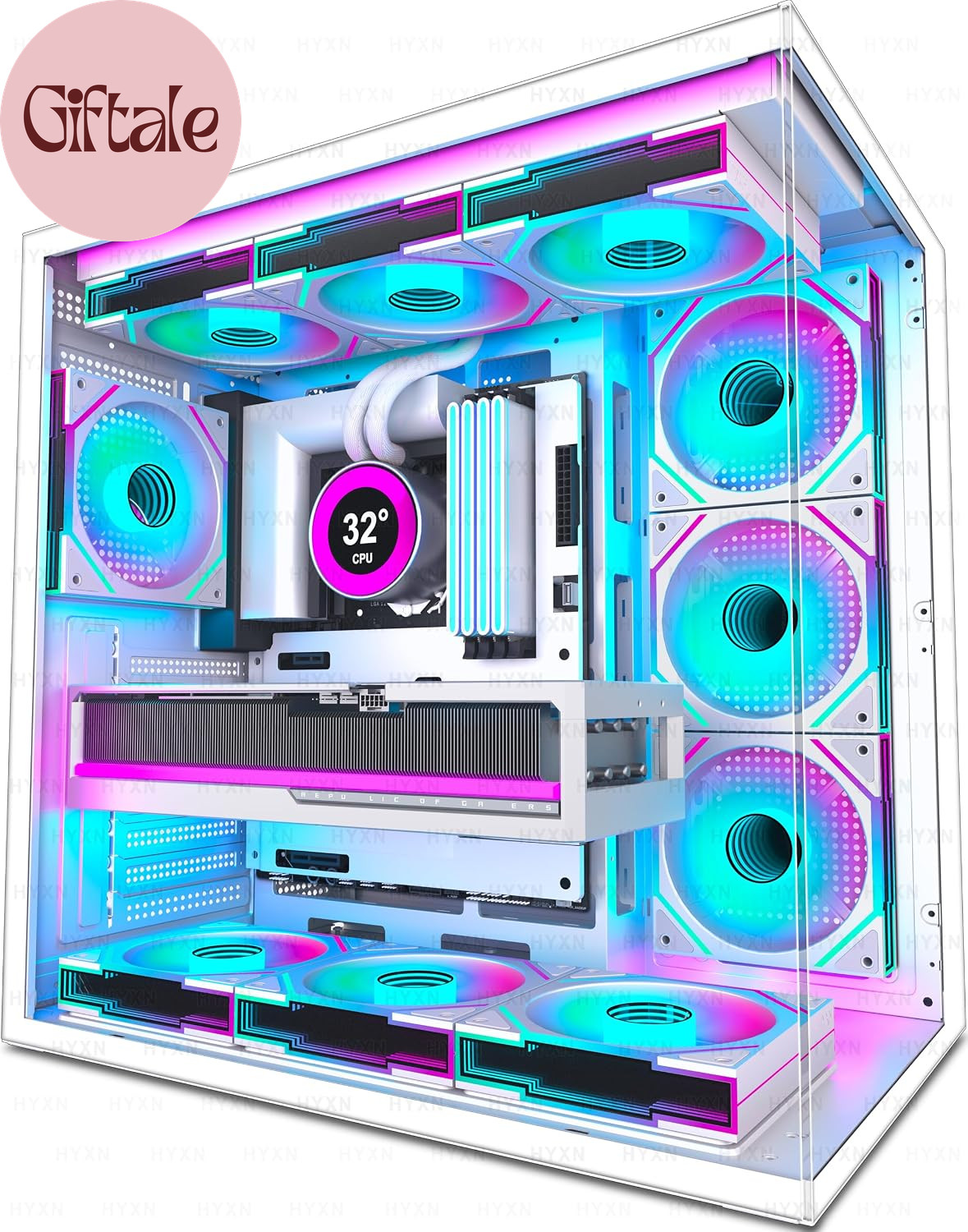 H1  PC Case, Pre-Installed 7 Infinity Mirror PWM ARGB Fans, ATX Mid Tower Comput