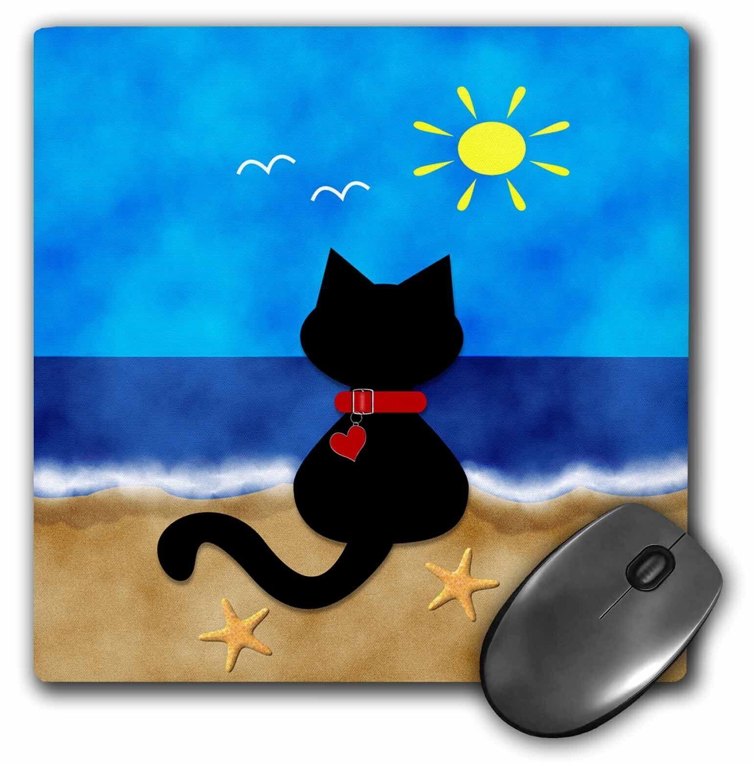 3dRose Cute Black Kitty Cat Summer Beach Time Fun MousePad