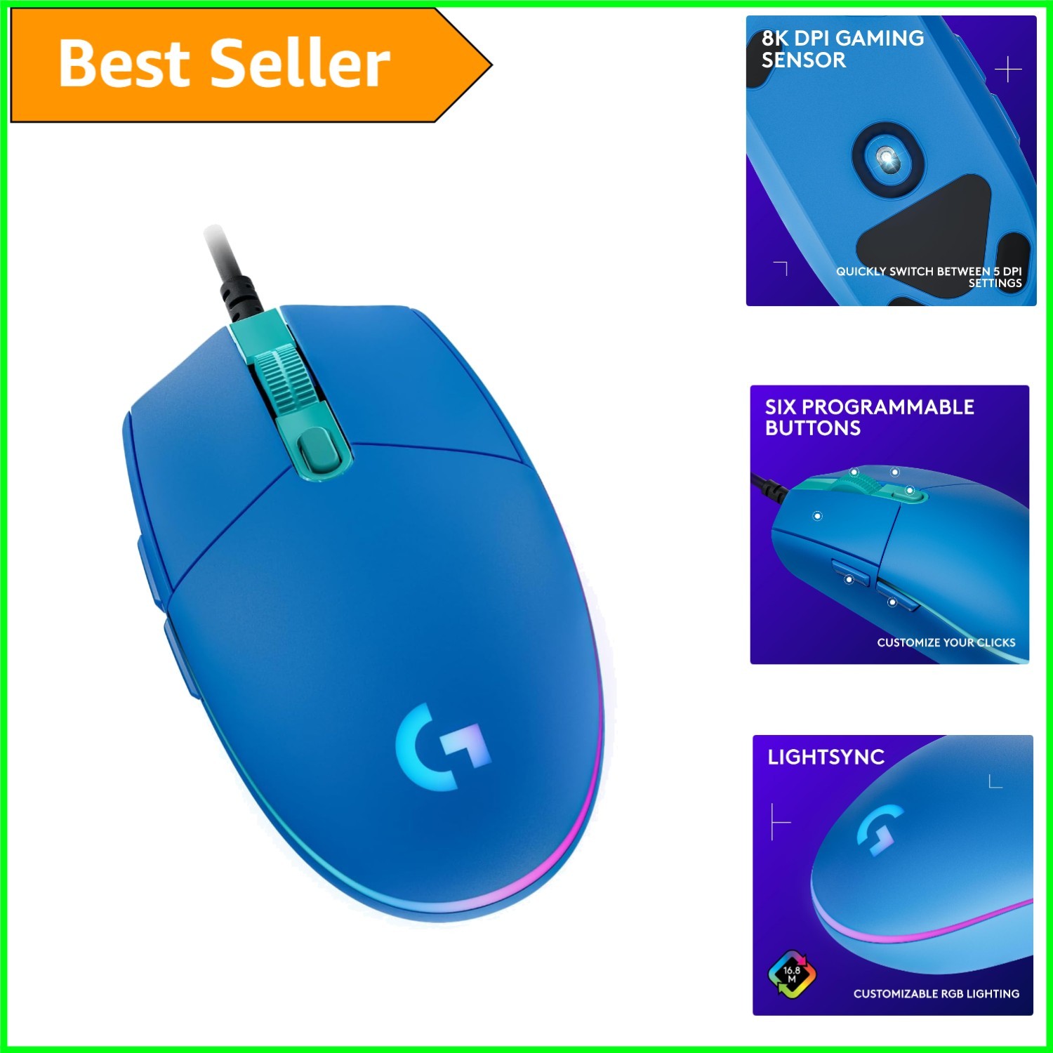 Logitech G203 Gaming Mouse - Wired, 8000 DPI Optical Sensor, RGB Lightsync