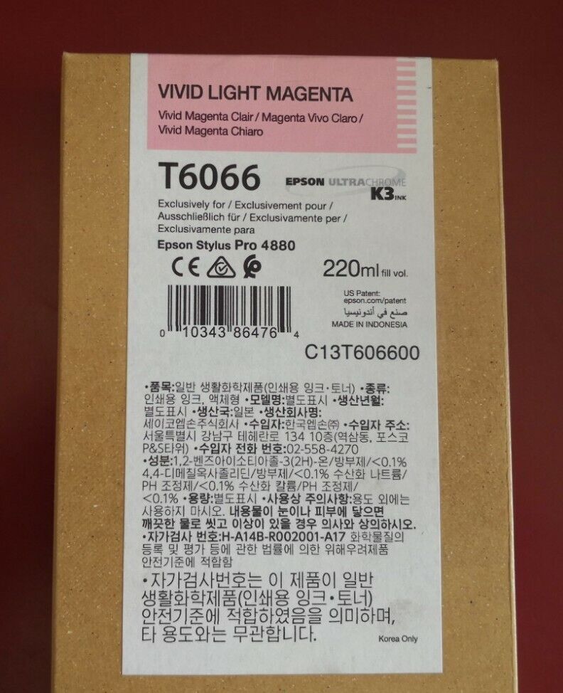 03-2024 GENUINE EPSON T6066 VIVID LIGHT MAGENTA 220ml K3 INK STYLUS PRO 4880