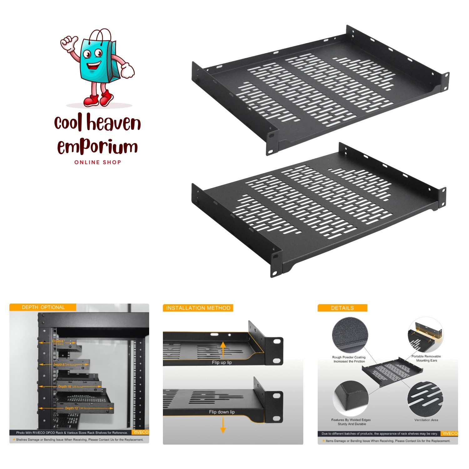 2 PCS 12” Rack Shelves for 19 inches Network Rack & Cabinets, 1U Rack Mount S...