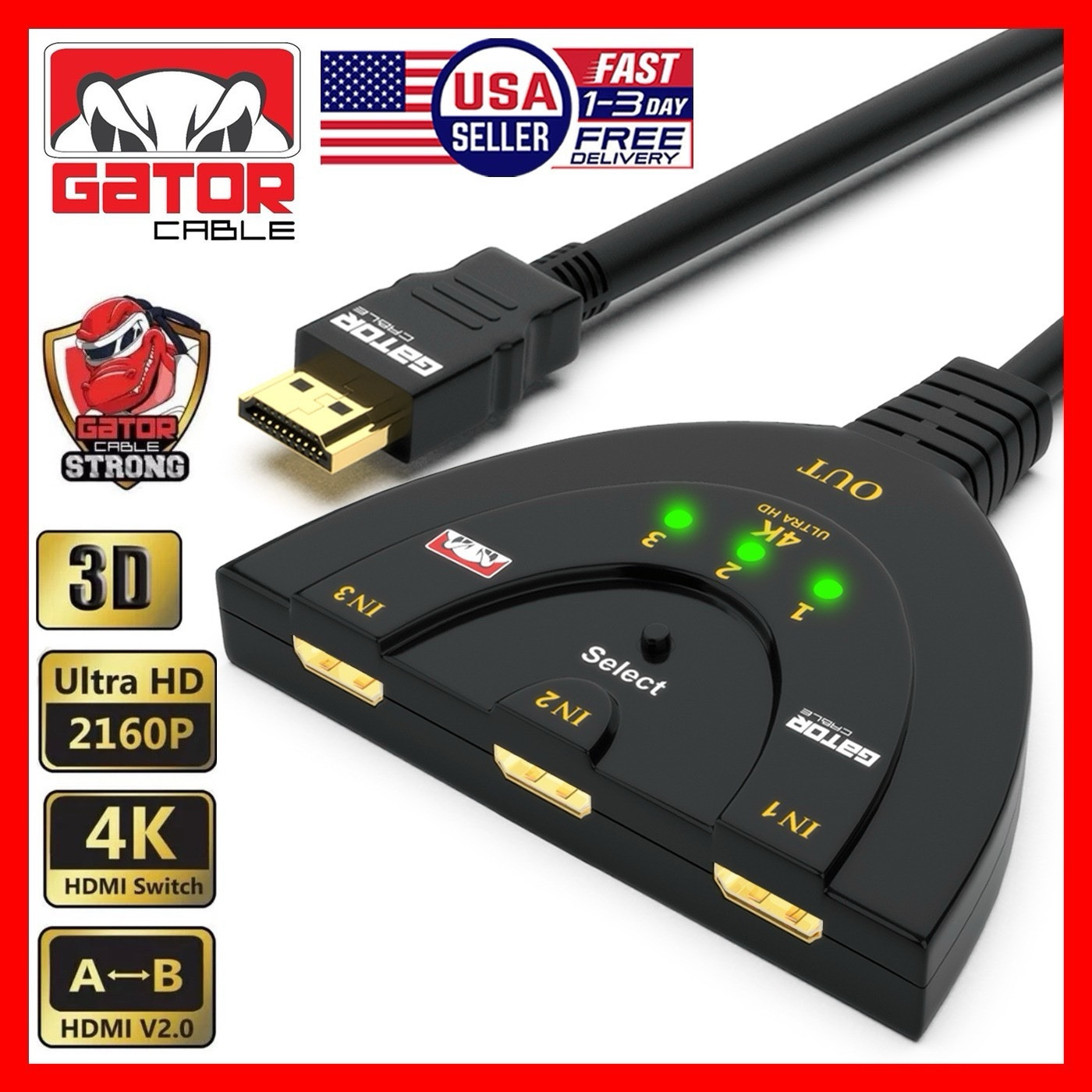 4K HDMI 2.0 Cable Auto Switch Switcher Splitter Adapter 3 In to 1 Out Devices