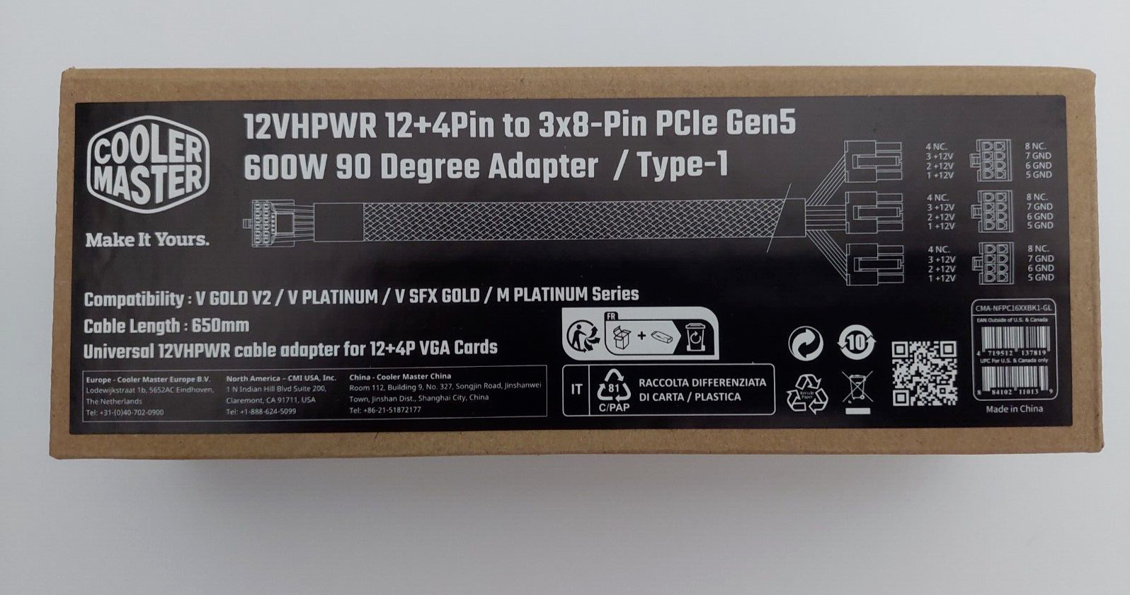 Cooler Master 650mm 90° 12VHPWR 12+4 Pin TYPE-1 Cable Adapter CMA-NFPC16XXBK1-GL