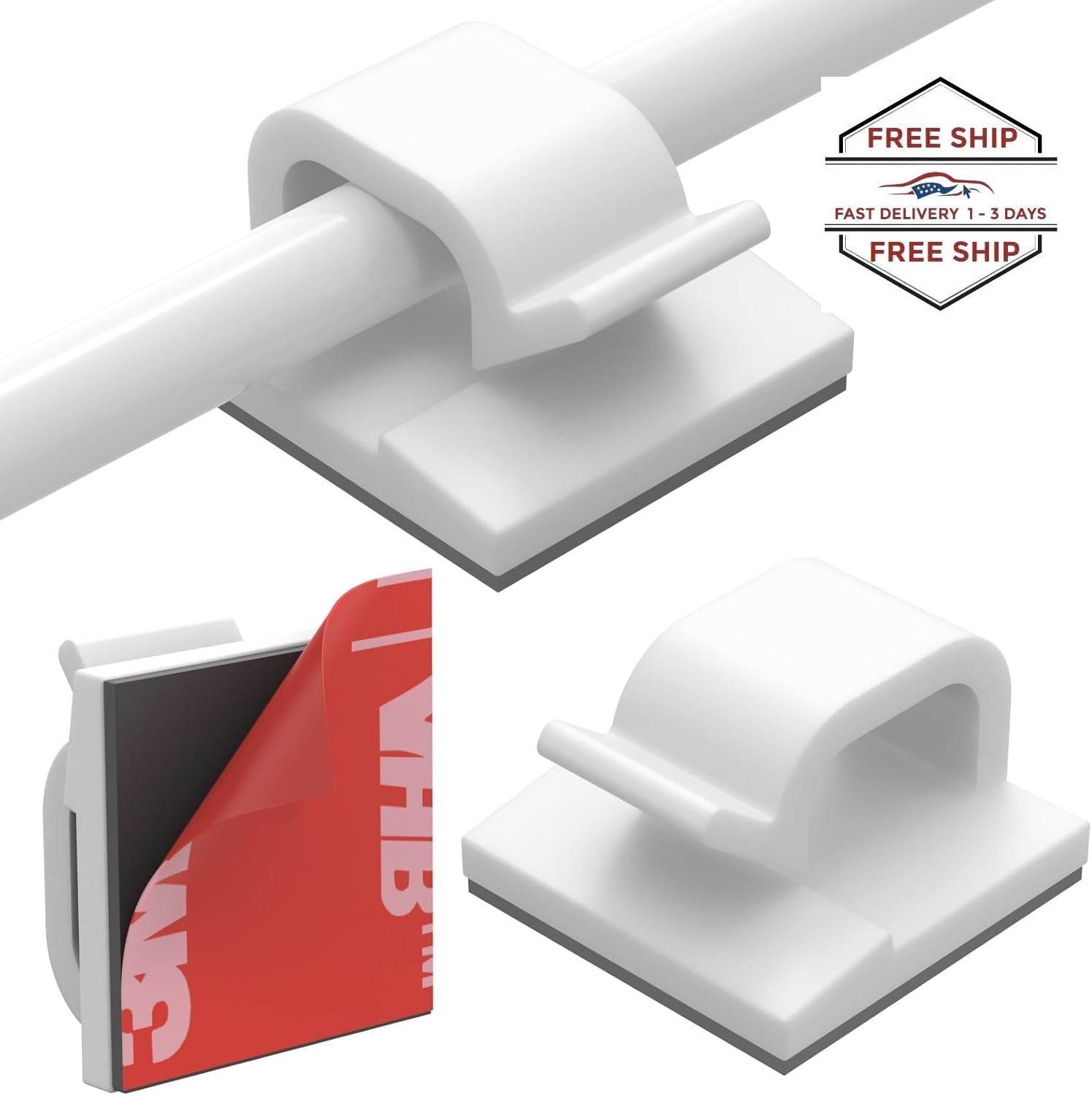 Clips para cables, 40 unidades con cintas adhesivas resistentes, Blanco