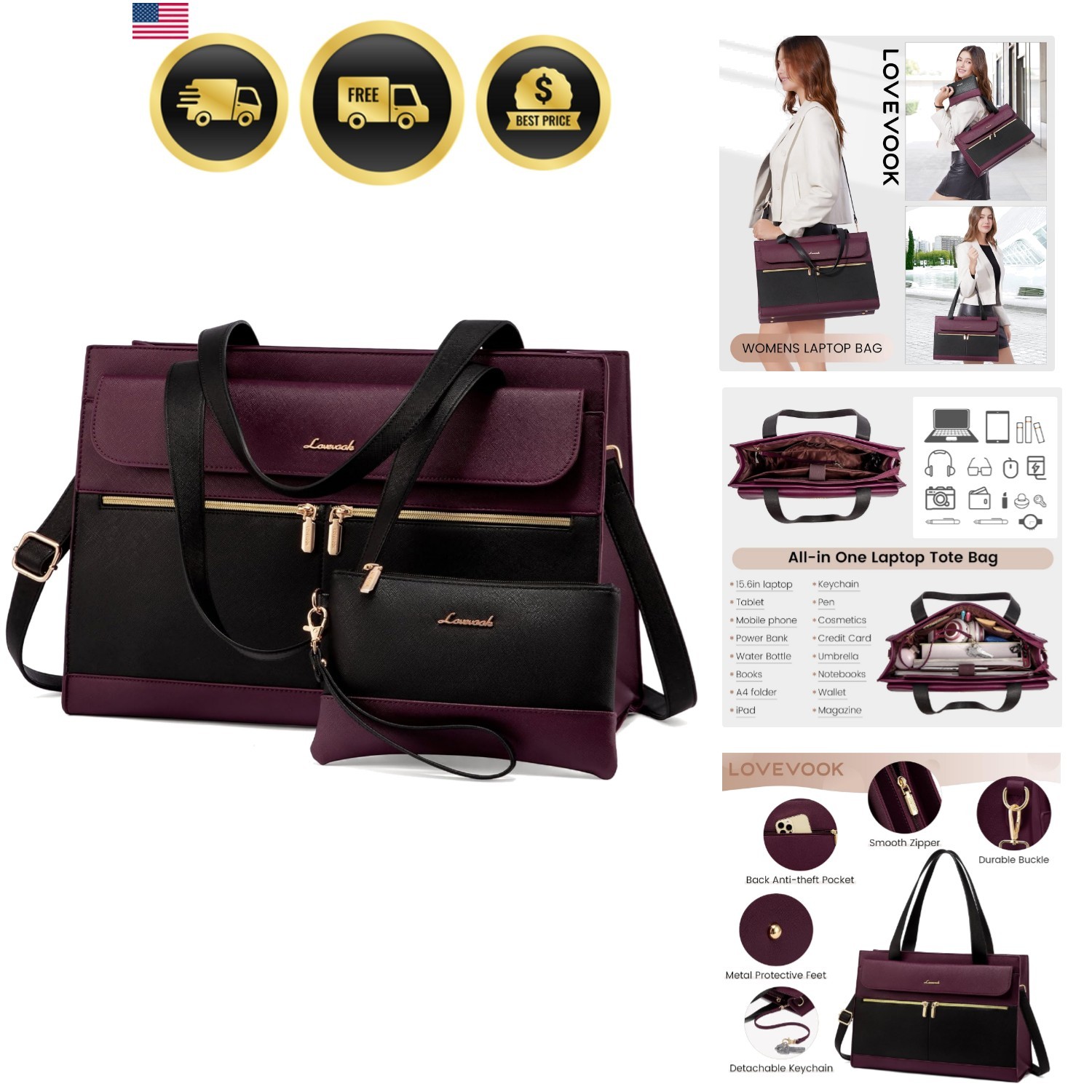 Laptop Bag for Women 15.6 Inch Tote Work Professional Leather Computer Briefc...