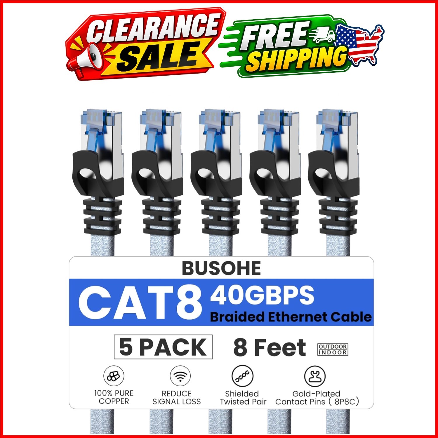 Cat 8 Ethernet Cable 8 FT 5 Pack, Nylon Braided High Speed Heavy Duty Network...