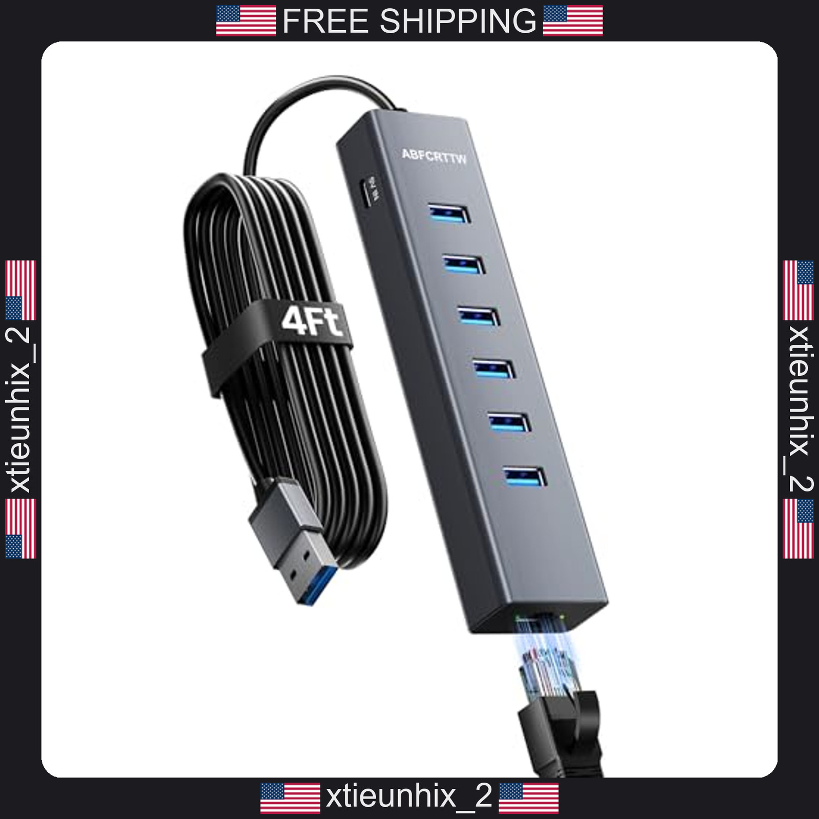 USB Hub with Ethernet Adapter 4Ft Cable 7 Ports 1Gbps Network USB 3.0