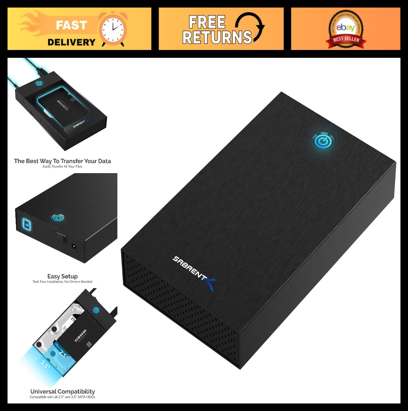 USB 3.0 Hard Drive Enclosure for 2.5/3.5in SATA HDD/SSD | Tool-Free, UASP, LED,