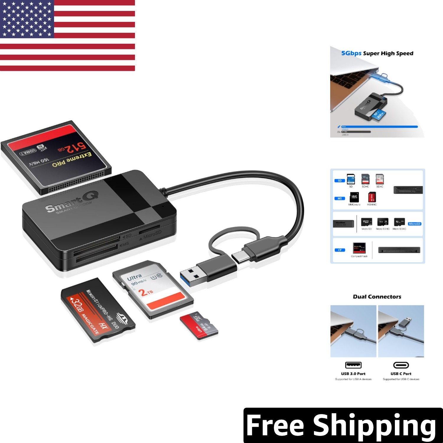 USB-C & USB 3.0 Card Reader - Multi-Slot Design for Seamless File Transfers