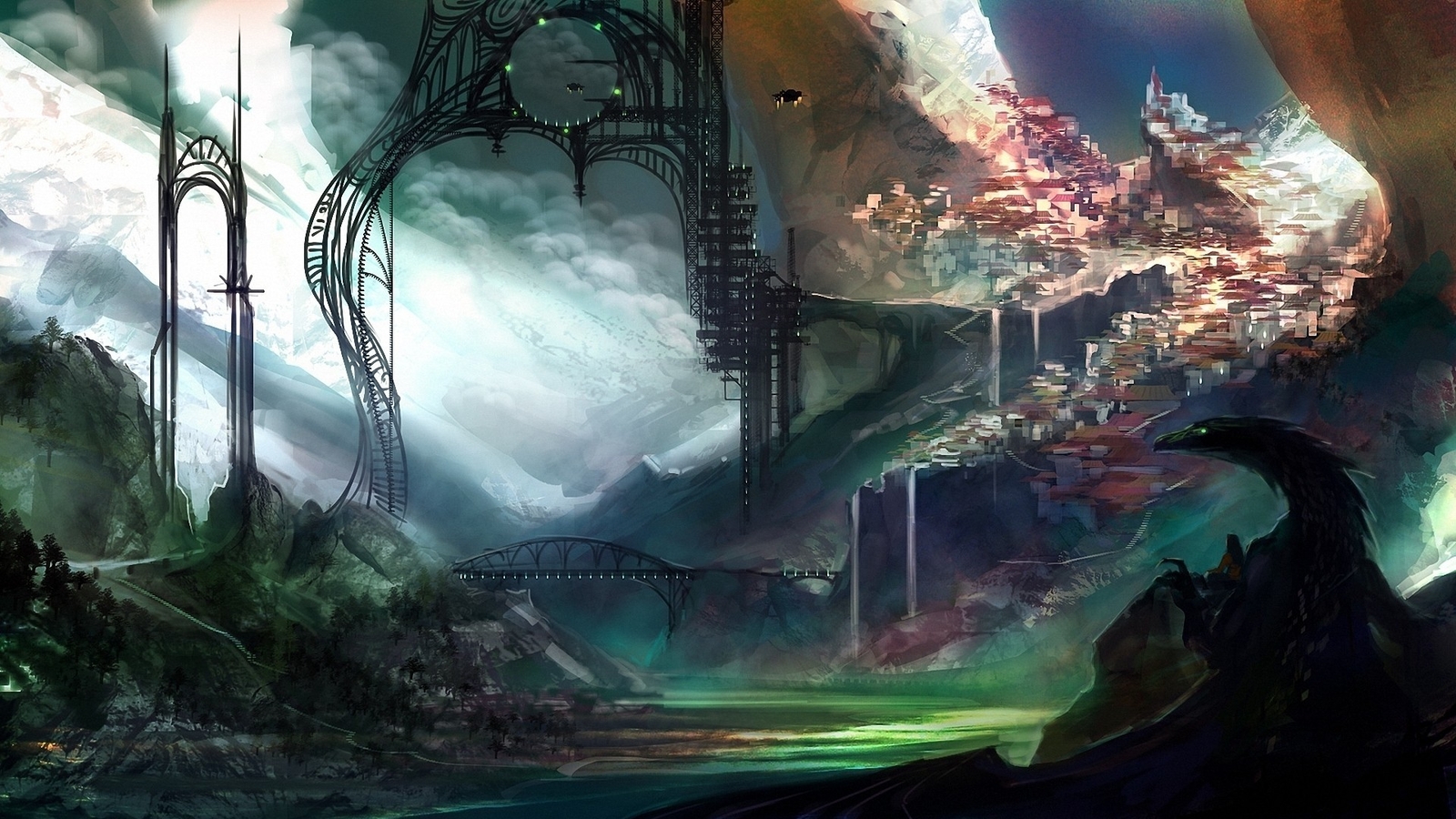 Landscape  sky bridge cityscape science fiction Custom Gaming Mat Desk