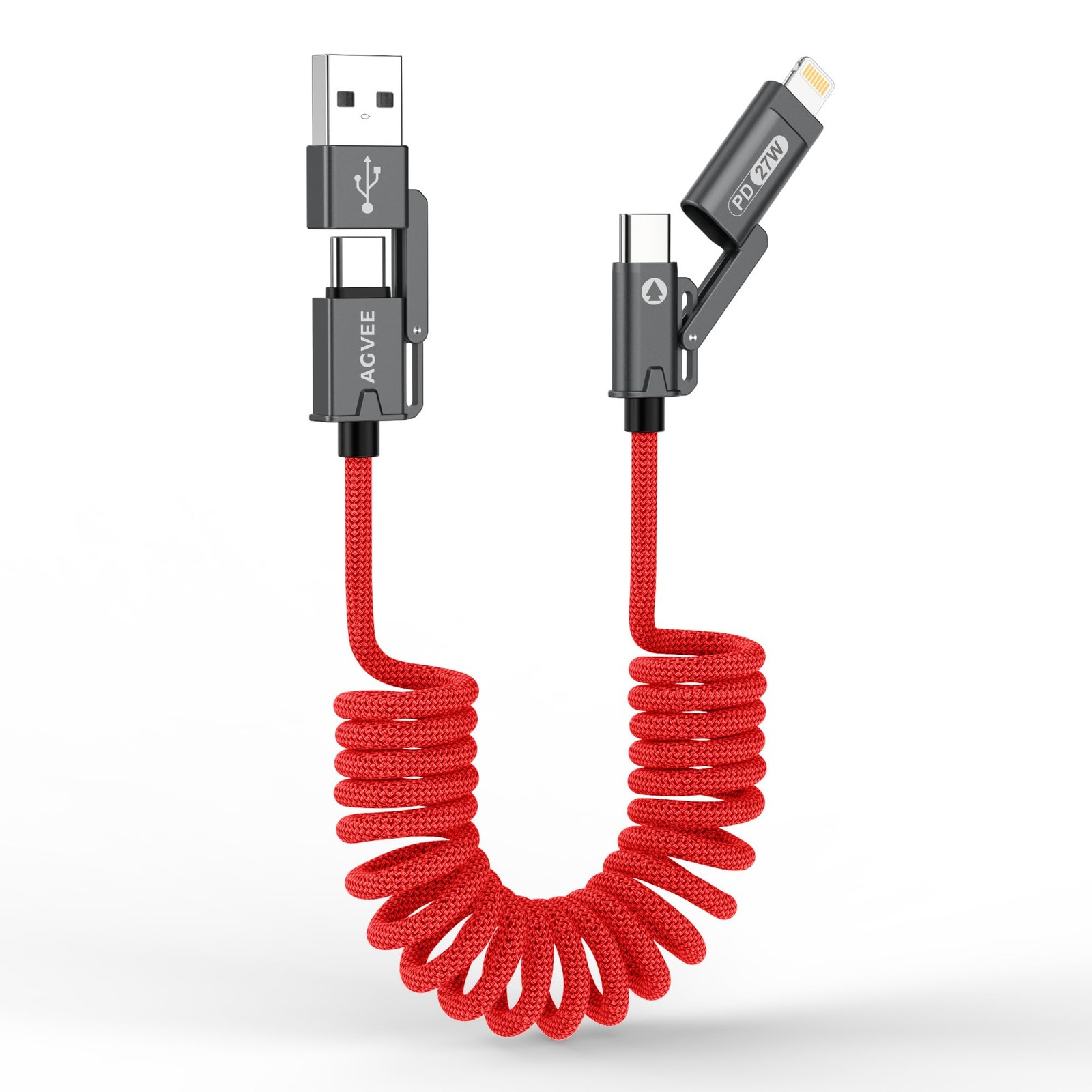 AGVEE 3ft 4-in-1 Coiled Multi Charging Charger Data Transfer Cable 3ft, Red