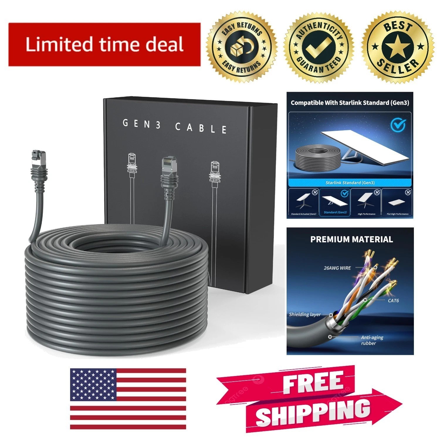Starlink Gen 3 Replacement 75FT Cable – Reliable, Easy Install Ethernet Solution