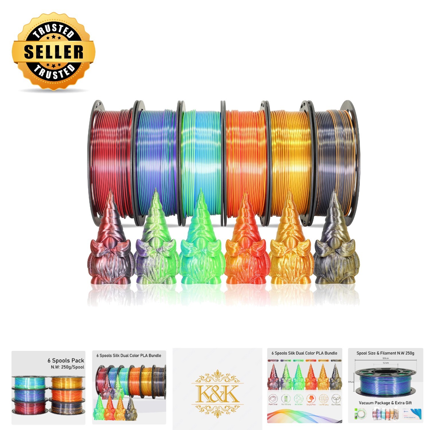 Elegant 6-Spool Silk PLA Dual Color Filament Set - Perfect for Creative Projects