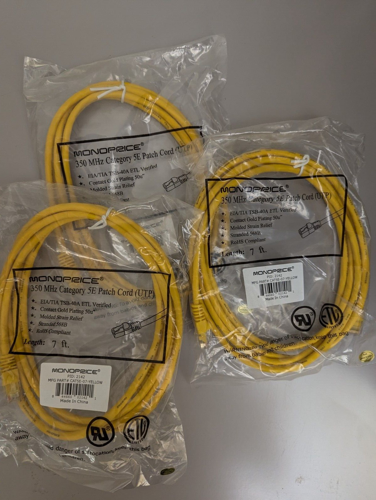3x Monoprice 7ft 24AWG Cat5e 350MHz UTP Ethernet Network Cable Yellow NEW