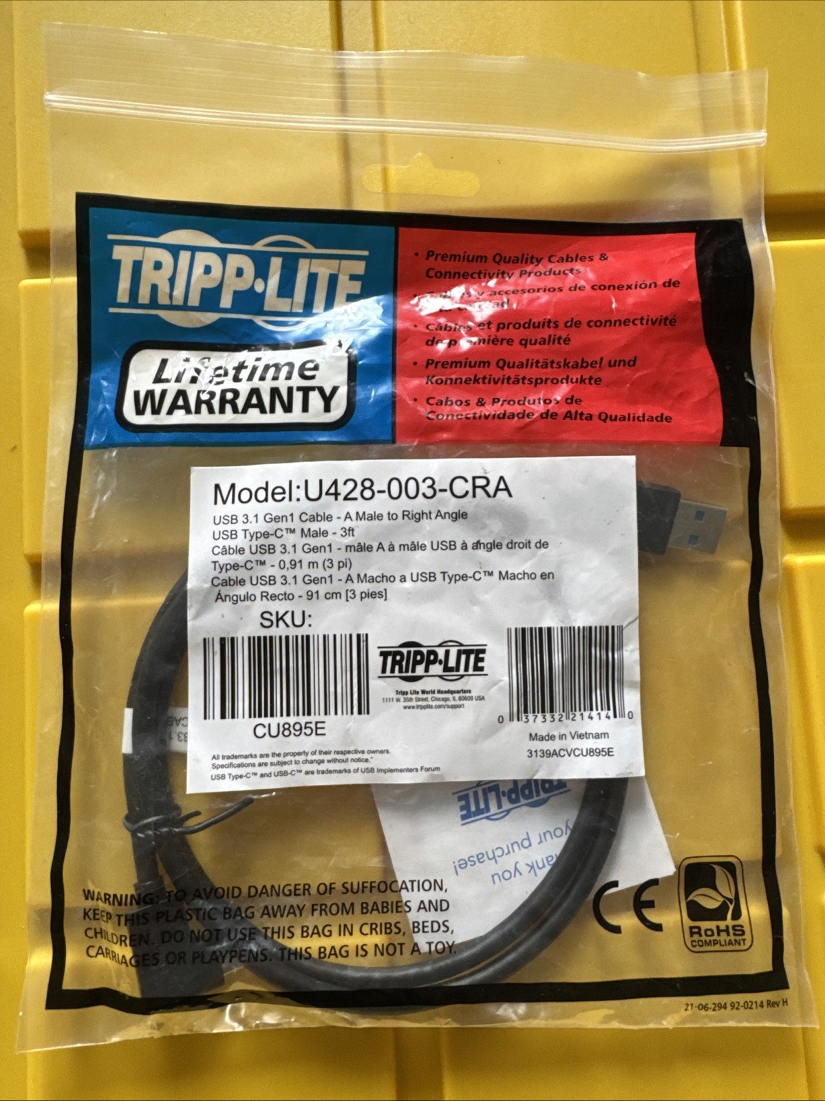 TRIPP LITE USB C to USB-A Cable Right Angle 3.1 5 Gbps Type C, 3' (U428-003-CRA)