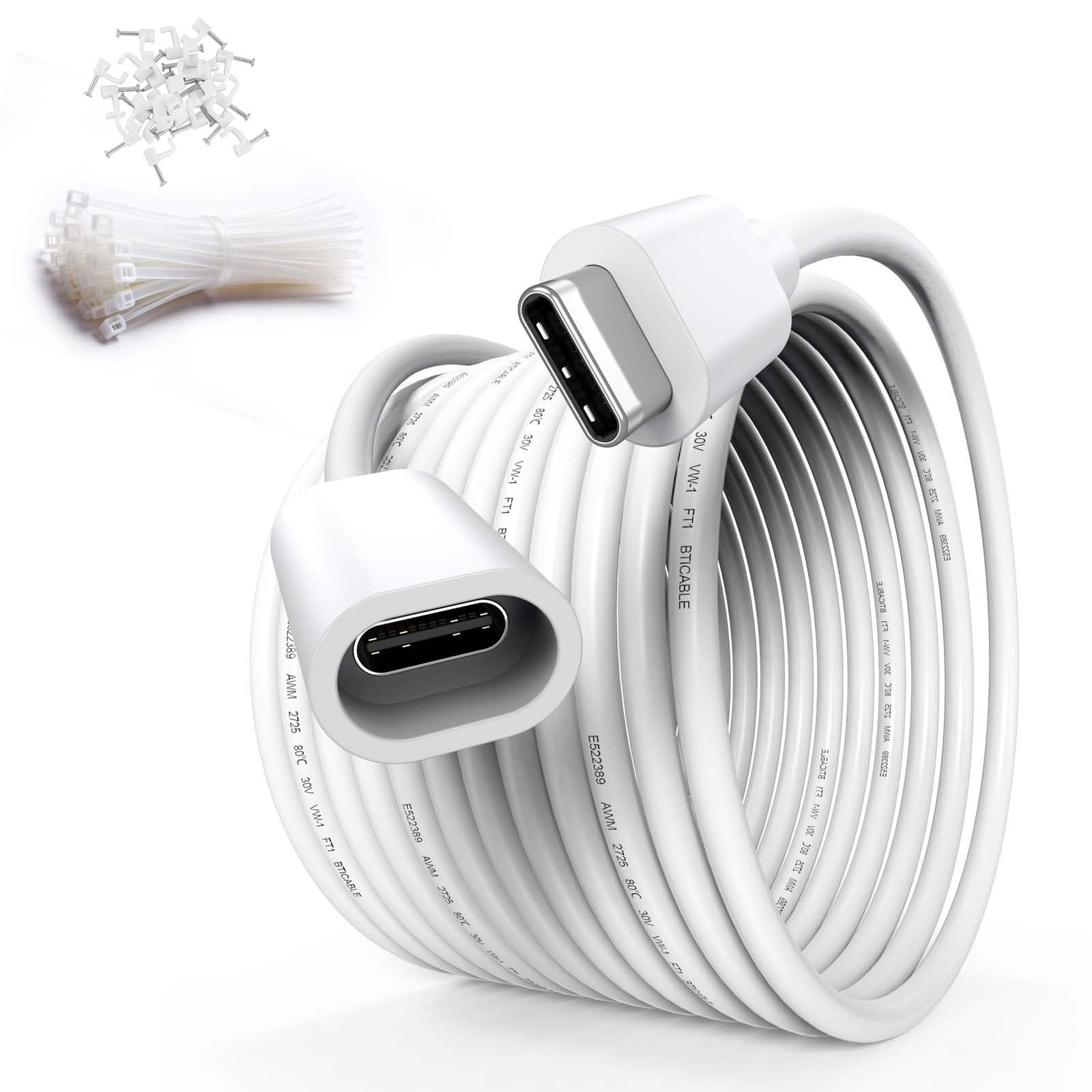 URELEGAN USB C Extension Cable 20FT for Ring Solar Panel-White 20FT, White