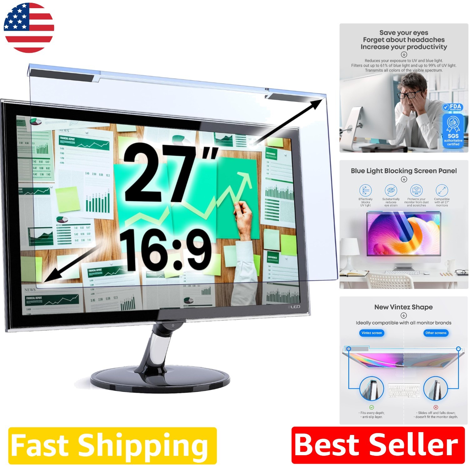 Anti-UV Blue Light Blocking Film - 27" Monitor Screen Protector - Easy Install