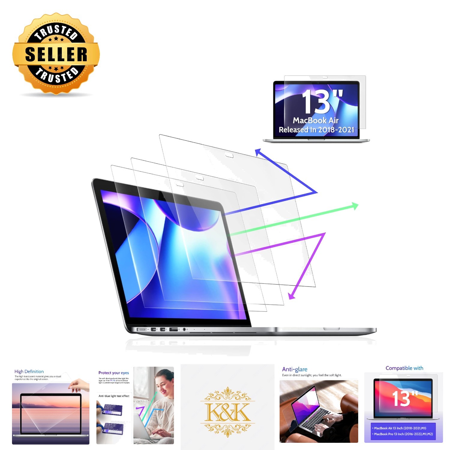 3-Pack Anti Blue Light Screen Protector for MacBook Air 13” - Ultimate Clarity