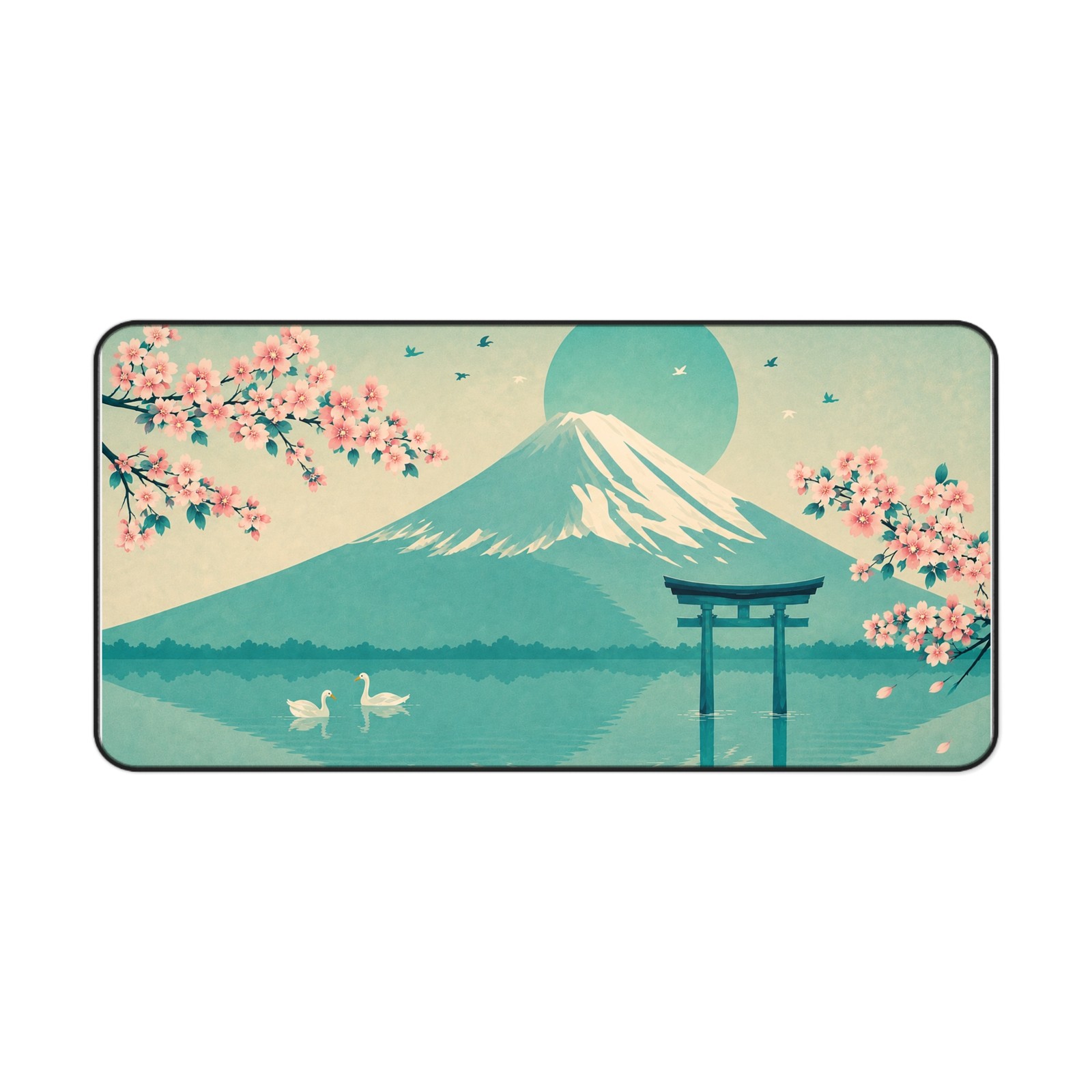 Sakura Mount Fuji Scene Desk Mat | Torii, Cherry Blossoms, Swans